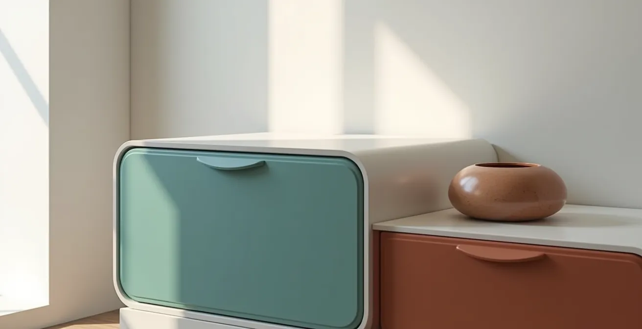 Caisson de bureau contemporain aux lignes arrondies dans une teinte audacieuse contrastant avec un bureau minimaliste neutre