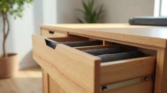 Photographie professionnelle d'un caisson de bureau moderne en bois clair avec tiroirs ouverts révélant une organisation méthodique, dans un coin bureau domestique baigné de lumière naturelle