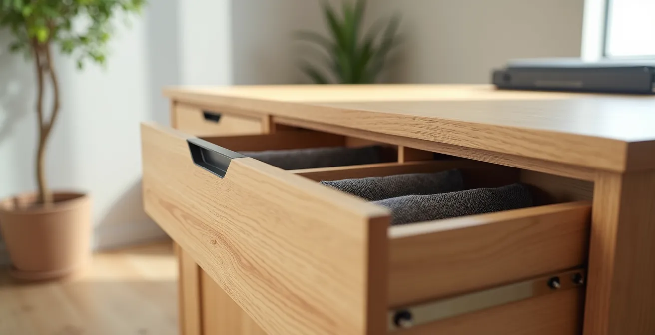 Photographie professionnelle d'un caisson de bureau moderne en bois clair avec tiroirs ouverts révélant une organisation méthodique, dans un coin bureau domestique baigné de lumière naturelle