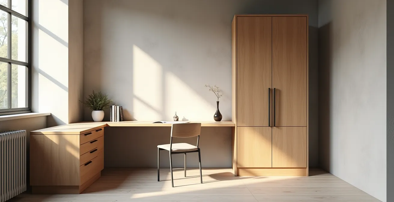 Vue d'ensemble d'un coin bureau avec caisson hauteur bureau créant une séparation visuelle douce, matériaux contrastés bois et métal