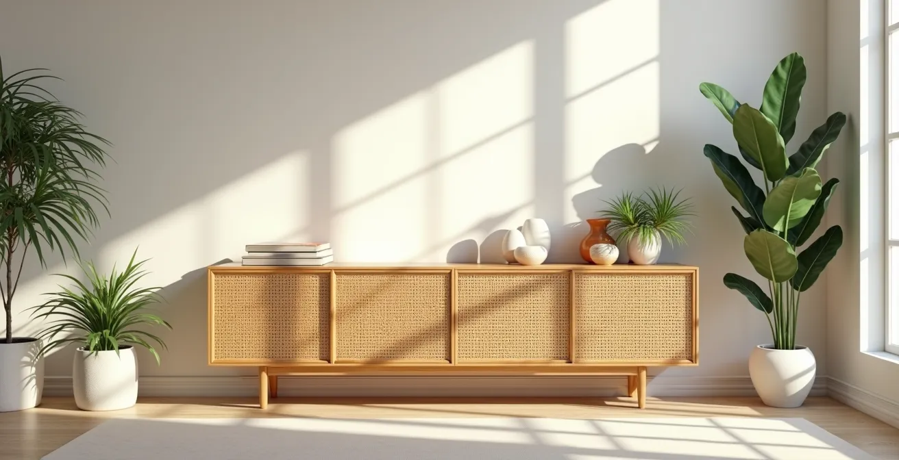 Composition élégante mettant en scène des meubles cannés dans un intérieur harmonieux et lumineux