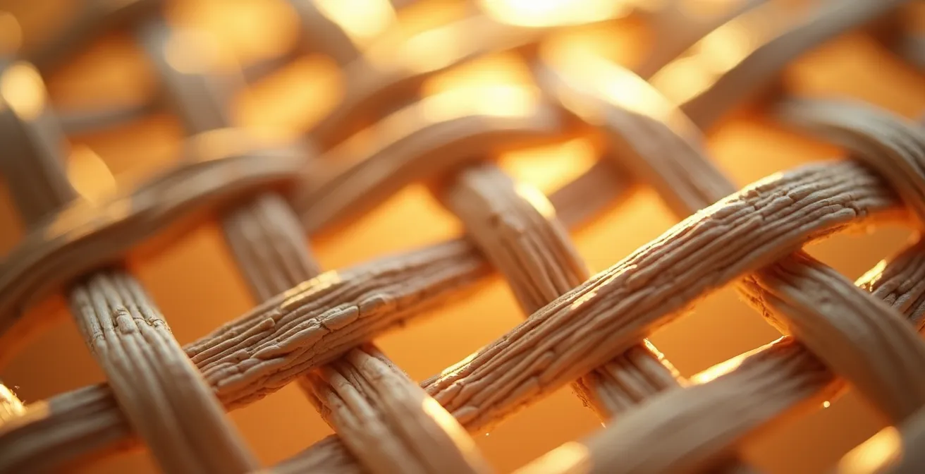 Détail macro d'un tressage en cannage illuminé par la lumière naturelle, montrant l'intersection des fibres et la transparence de la matière