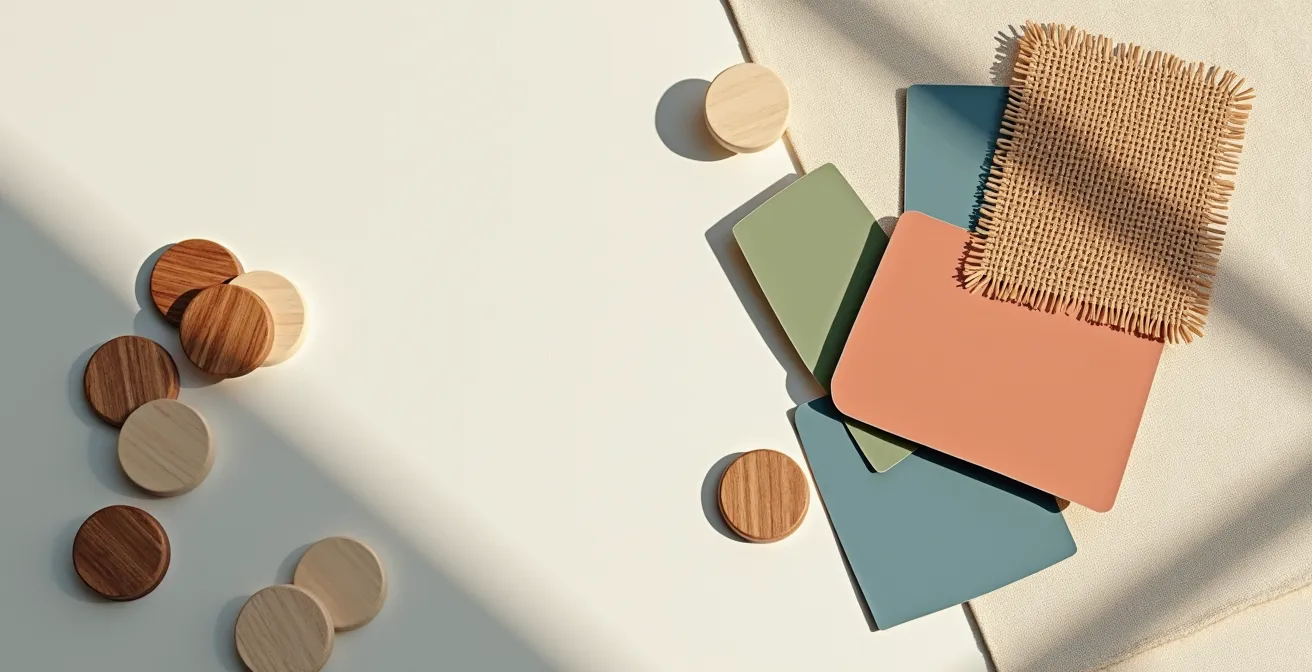 Composition d'une palette de couleurs terreuses et sombres associées à des éléments en cannage dans un contexte intérieur minimaliste