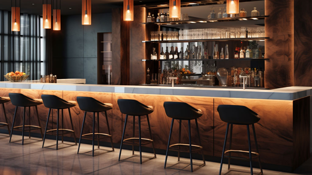 Showroom présentant différents comptoirs d'occasion alignés zinc et réfrigérés