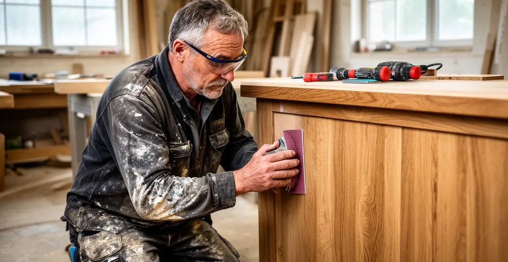 Artisan ponçant un comptoir en bois dans atelier de rénovation professionnel