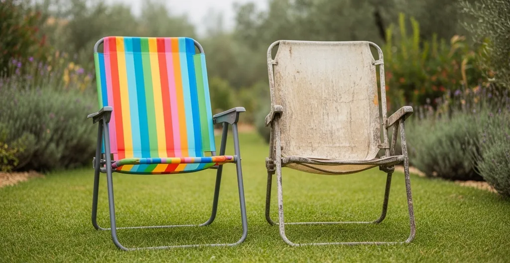 Comparaison entre deux chaises de jardin : une neuve et une dégradée par les UV