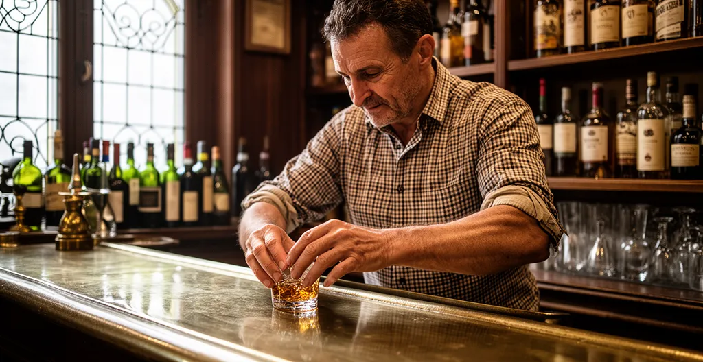 Barman essuyant un verre derrière comptoir zinc vintage dans brasserie authentique