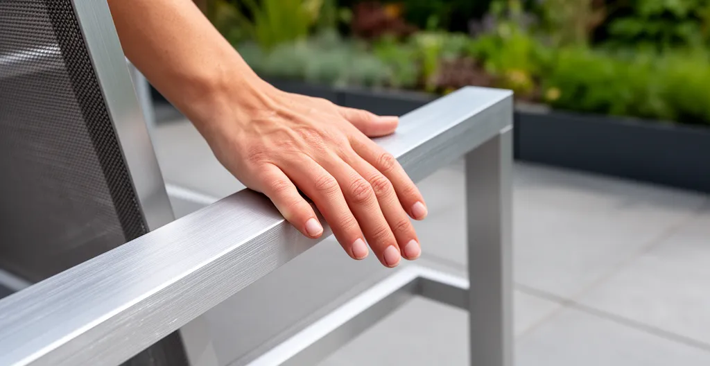 Main effleurant accoudoir aluminium brossé salon de jardin premium