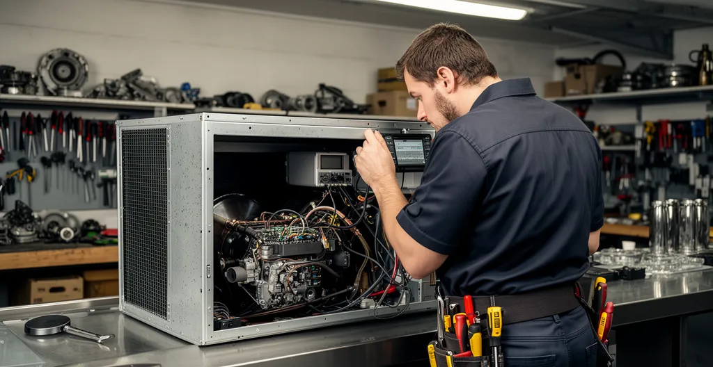 Technicien inspectant le groupe froid d'un comptoir réfrigéré professionnel