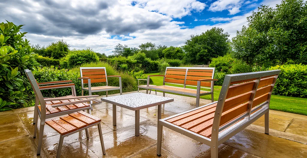 Mobilier de jardin haut de gamme teck et aluminium sur terrasse après averse