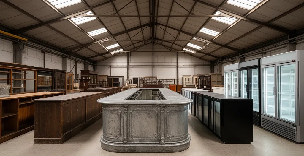 Showroom présentant différents comptoirs d'occasion alignés zinc et réfrigérés