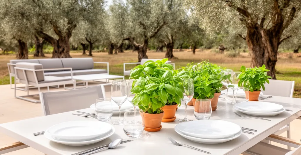 Terrasse méditerranéenne avec table dressée pour déjeuner estival