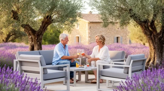 Terrasse provençale avec salon de jardin haut de gamme en aluminium
